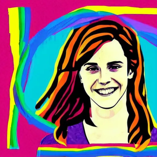 Image similar to rainbow smiling happy emma watson age 1 5 as hermione. pop art.