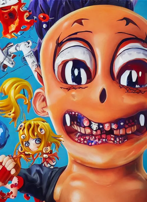 Image similar to a lifelike oil painting of an anime girl figurine caricature with a big dumb grin made of madballs featured on spitting image by arthur szyk in the style of splatoon