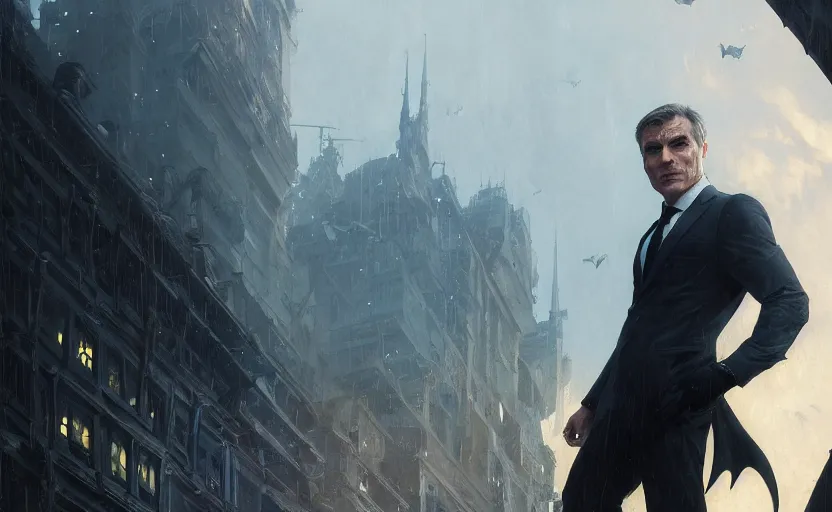 Image similar to highly detailed portrait of christoph waltz as bruce wayne, in batman comic book, stephen bliss, unreal engine, fantasy art by greg rutkowski, loish, rhads, ferdinand knab, makoto shinkai and lois van baarle, ilya kuvshinov, rossdraws, tom bagshaw, global illumination, radiant light, detailed and intricate environment