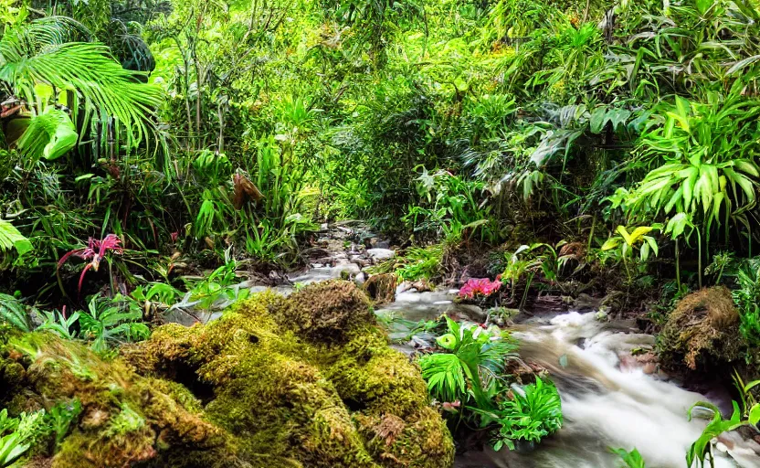 Prompt: a colorful jungle filled with plants and animals, a stream running through it