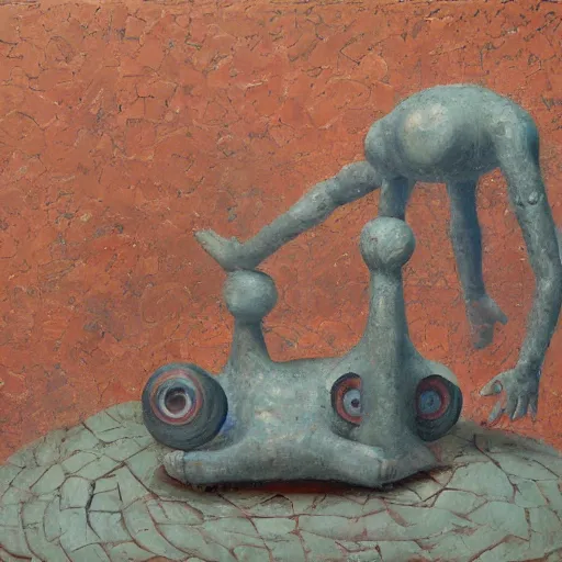 Prompt: a detailed, impasto painting by shaun tan and louise bourgeois of an abstract forgotten sculpture by ivan seal and the caretaker, weirdcore