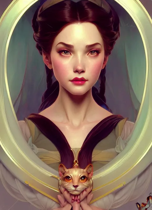 Image similar to portrait of disney belle, intricate, elegant, highly detailed, my rendition, digital painting, artstation, concept art, smooth, sharp focus, illustration, art by artgerm and greg rutkowski and alphonse mucha and uang guangjian and gil elvgren and sachin teng, symmetry!!