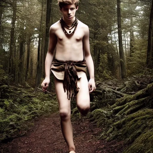 Image similar to a teenage boy, around 1 9 years old with necklace, natural brown hair, loincloth, pale skin, detailed face. running in ominous and eerie looking forest. natural color. realistic photo.