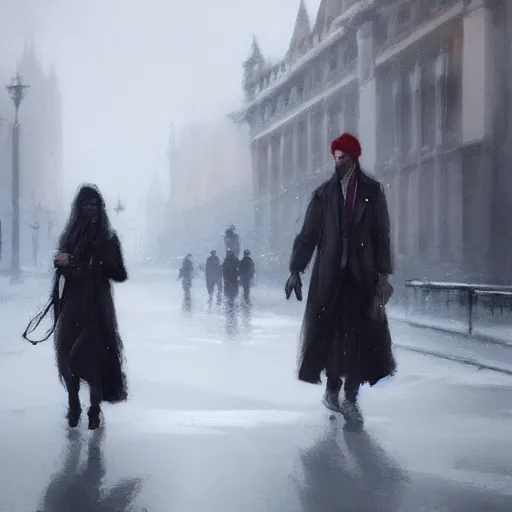 Image similar to two people in the street of london in winters, greg rutkowski style, trending on artstation