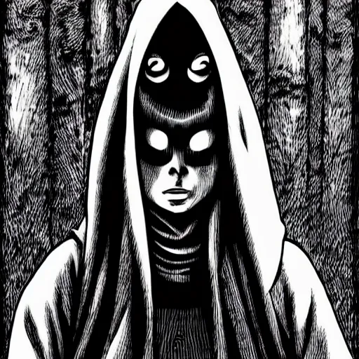 Image similar to hooded man with masked face, junji ito,