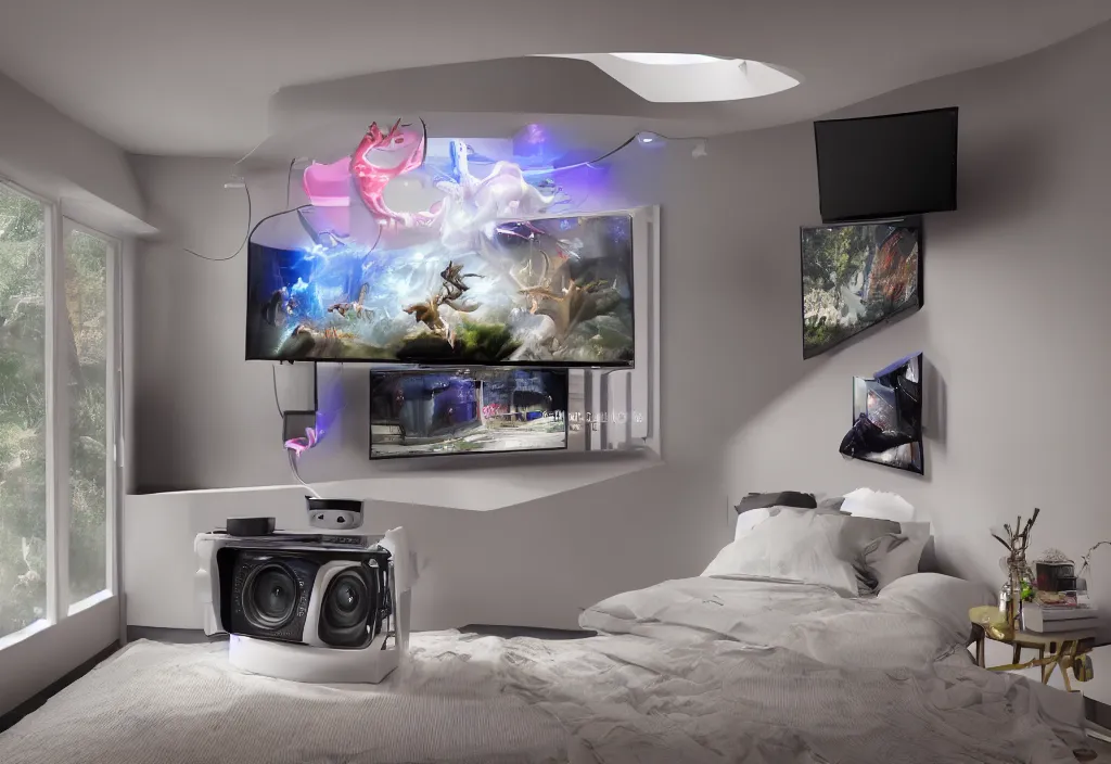 Image similar to curved transparent 3 dtv dragon popping out of tv, volumetric lighting, bedroom, visor, users, pair of keycards on table, bokeh, creterion collection, shot on 7 0 mm, instax