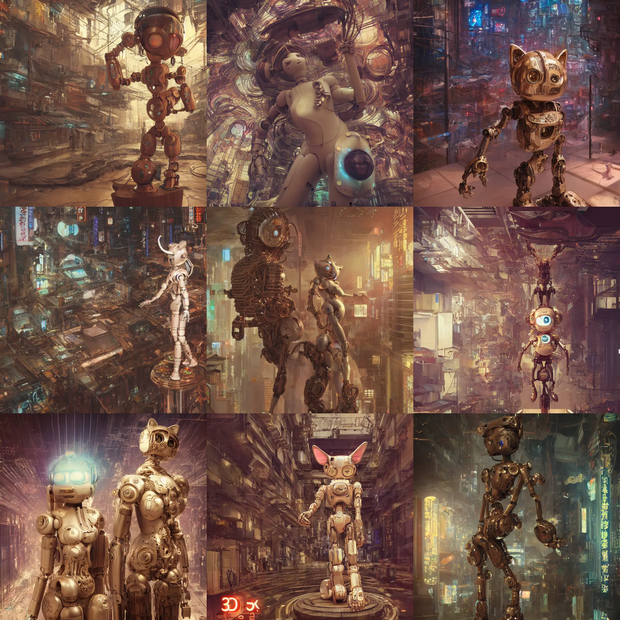 Prompt: 3 d octane render ultra photorealistic 8 k hyper detailed unreal engine, a very very cute wooden statue robot of the roman cat ears cyberpunk flying in the space intergalactic in a contemporary art gallery in neo tokyo artwork by mucha
