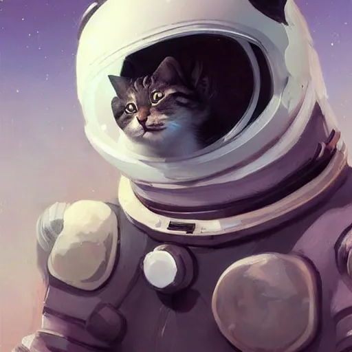 Image similar to head and shoulders masterpiece portrait of a cute adorable cat wearing a spacesuit, surreal background, digital art by krenz cushart, trending on artstation, cgsociety,