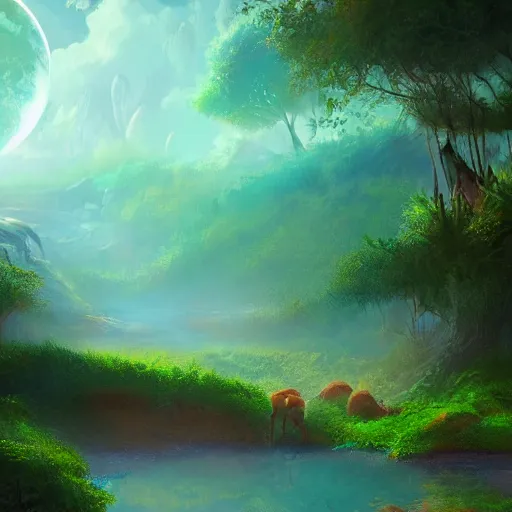 Image similar to beautiful lush natural scene on another planet, with creatures. lightfall. beautiful detailed digital painting. trending on artstation and deviantart.