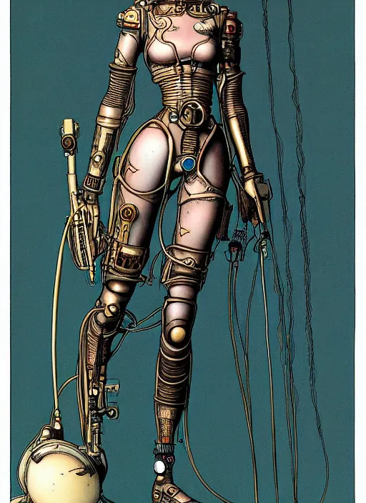 Image similar to image of beautyful female android steampunk by moebius,