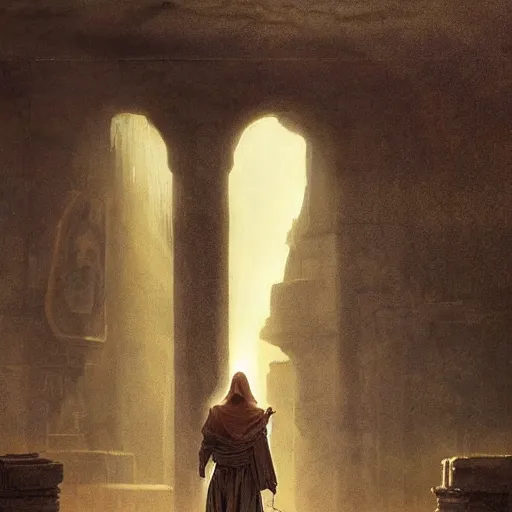 Image similar to half portait of jedi wearing a closed cowl and big old book! chained to the wrist, jeremy mann, jean - leon gerome, tiepolo, alphonse mucha, greg rutkowski, face in the shadows, ( ( ruins of ancient rome ) ), at dusk, mysterious atmosphere, sunrays, dof, high detailed, 8 k