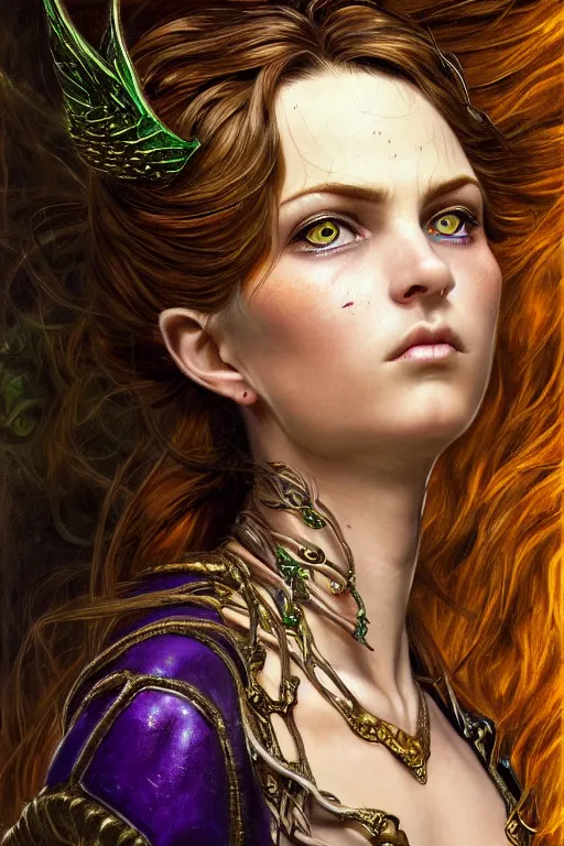 Prompt: high quality extremely detailed closeup portrait of a young gorgeous female warlock looking away from the camera, realistic green eyes, sparkle in eyes, no hands visible, fantasy, d & d, intricate, painting by lucian freud and mark brooks, hd