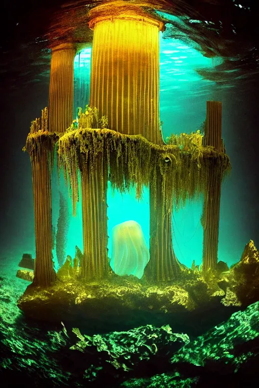 Image similar to high quality photo of cinematic underwater dystopian neo - gothic cathedral ruins with giant luminescent colorful aquatic plants and jellyfish, digital art masterpiece, aykut aydogdu eric zener, dramatic volumetric light, long shot, ground angle uhd 8 k, sharp focus