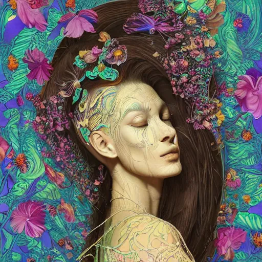 Image similar to the portrait of an unimaginably beautiful, graceful, and elegant woman made of bananas and petals, an ultrafine detailed illustration by kim jung gi, irakli nadar, intricate linework, bright colors, final fantasy, behance contest winner, angular, unreal engine 5 highly rendered, global illumination, radiant light, detailed and intricate environment