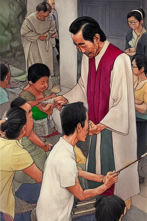 Image similar to saint joko widodo blessing people, sketch and art by jacqueline e, color by bo feng lin