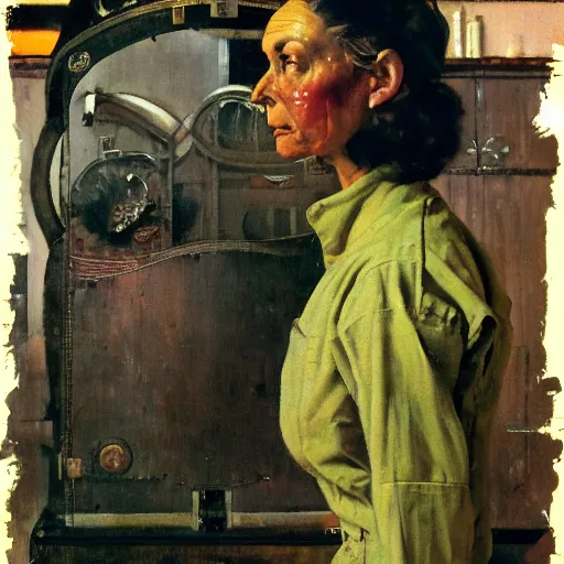 Prompt: Frontal portrait of a biopunk woman. A painting by Norman Rockwell.