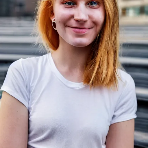 Image similar to Portrait photograph of a Strawberry-Blonde Girl, Young Beautiful Face, Green Eyes, Freckles, Wearing a white crop-top and jeans, with a subtle smile, Humans of New York Style