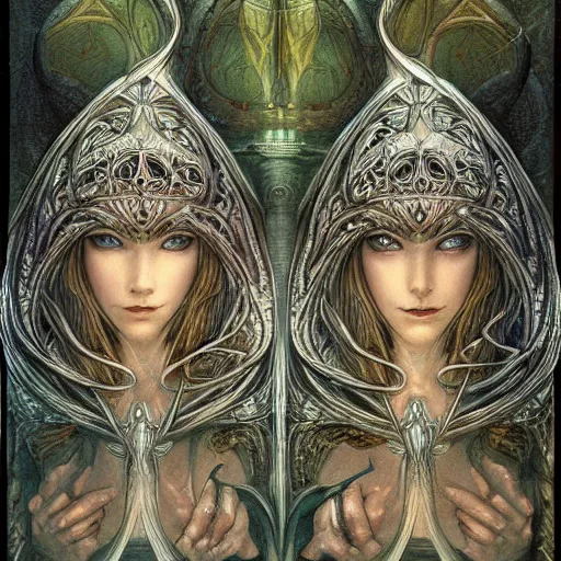 Image similar to detailed and sharp gemini artwork, mystic style, detailed, 8 k, detailed, symmetrical, by brian froud