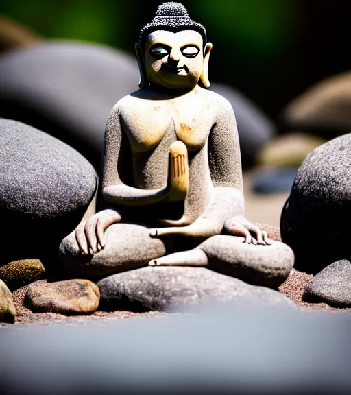 Prompt: a photograph of a sloth buddha meditating in a zen rock garden, nature photography, sharp focus, long focal length