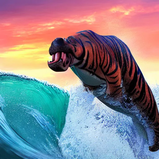 Prompt: a closeup photorealistic photograph of a smiling cute tiger hippopotamus riding a large wave during sunset. surf in the background. professional capture. brightly lit scene. this 4 k hd image is trending on artstation, featured on behance, well - rendered, extra crisp, features intricate detail, epic composition and the style of unreal engine.