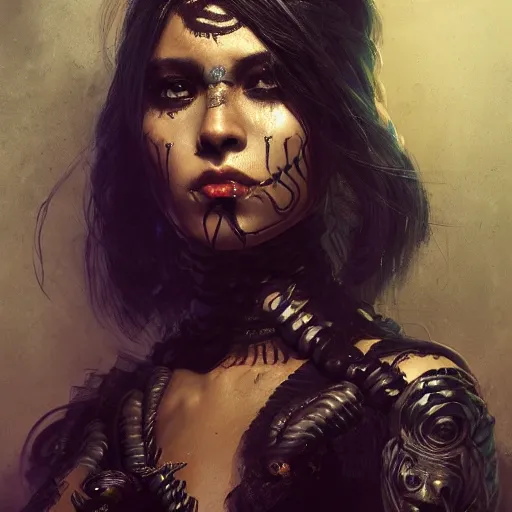 Prompt: a portrait of a young mexican woman, angry, with larvae crawling on skin, wearing an elaborate black dress, in the style of sergeant, artgerm, and ruan jia, blue backlighting, beautiful, trending on artstation, high detail, intricate texture