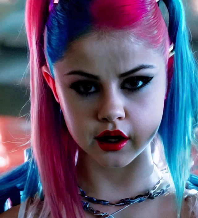 Image similar to selena gomez as harley quinn, movie still frame, hd, remastered, film grain, cinematic lighting