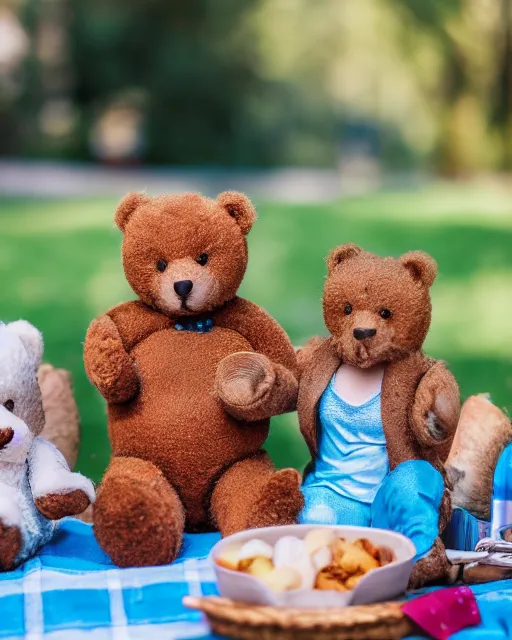 Prompt: high quality presentation photo of teddy bears having a picnic, photography 4k, f1.8 anamorphic, bokeh, 4k, Canon, Nikon