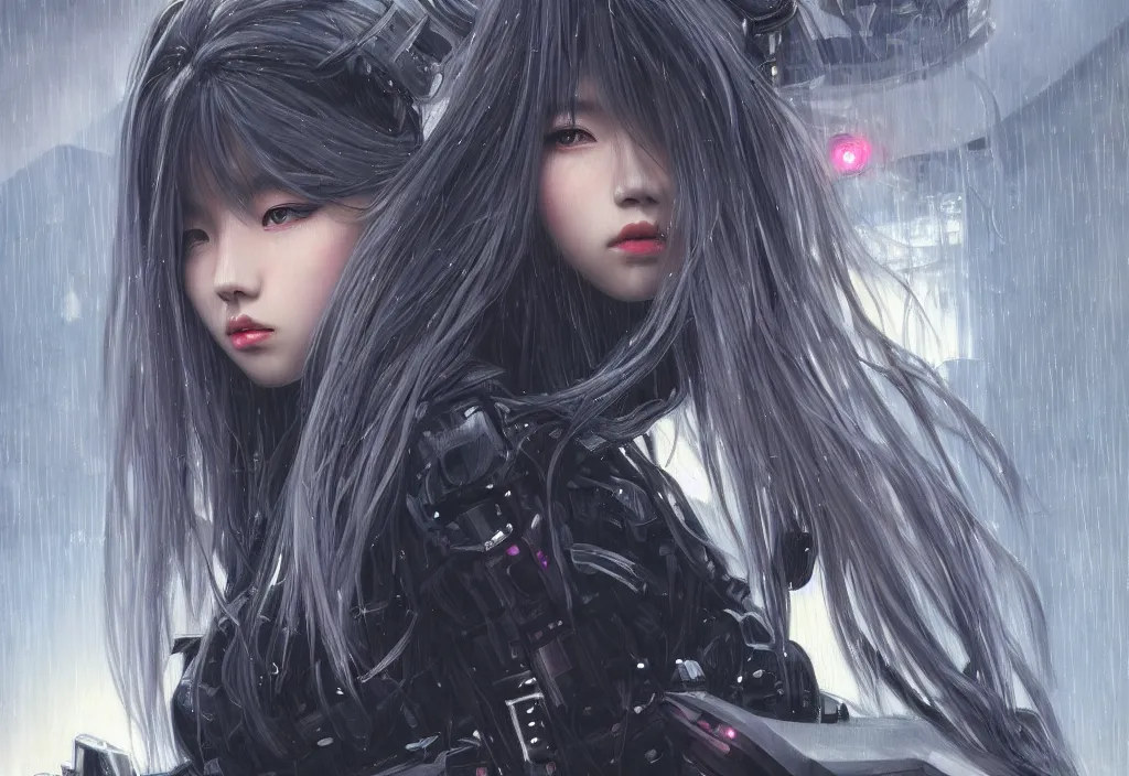 Image similar to portrait lisa blackpink + medium grey hair of futuristic police girl, black armored uniform, at futuristic cyberpunk color tokyo rainy night, ssci - fi and fantasy, intricate and very very very beautiful, highly detailed, digital painting, artstation, concept art, smooth and sharp focus, illustration, art by tian zi and wlop and alphonse mucha