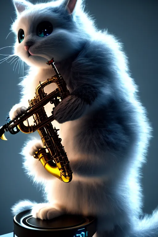 Image similar to high quality 3 d render very cute fluffy cyborg! cat plays saxophone, cyberpunk highly detailed, unreal engine cinematic smooth, in the style of blade runner & detective pikachu, hannah yata charlie immer, moody light, low angle, uhd 8 k, sharp focus