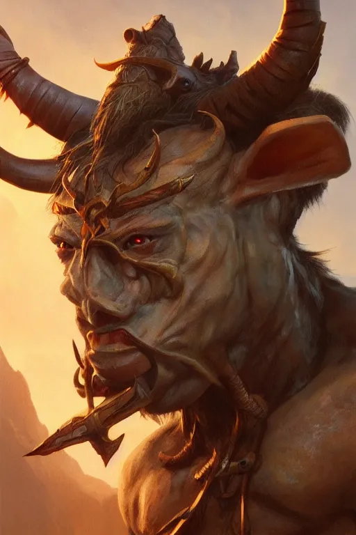 Image similar to dungeons and dragons minotaur character closeup portrait, dramatic light, lake background, 2 0 0 mm focal length, painted by stanley lau, painted by greg rutkowski, painted by stanley artgerm, digital art, trending on artstation