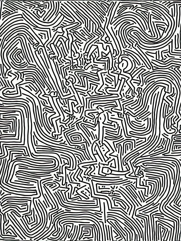 Image similar to bold abstract simplified figurative line illustration patterns by keith haring in an aesthetically pleasing natural and pastel color tones