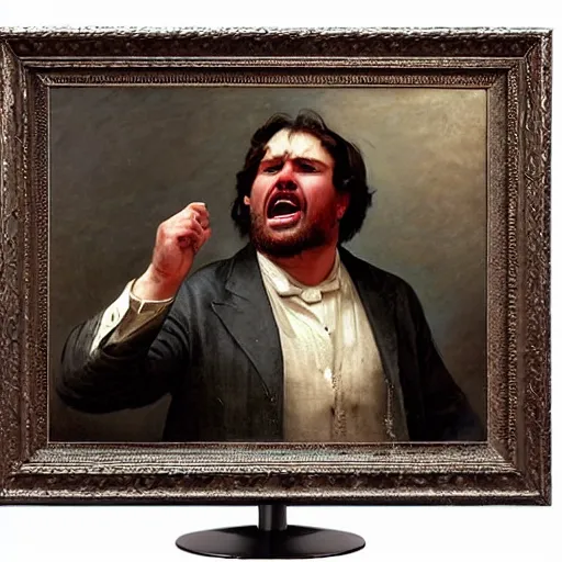 Image similar to an angry man yells at his computer monitor, oil on canvas, 1 8 8 3, highly detailed