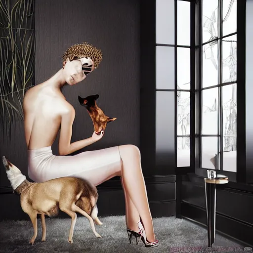 Prompt: high fashion photoshoot octane render portrait by wayne barlow and carlo crivelli and glenn fabry, subject is a single pretty woman lonely petting her dog inside a high - end exotic vintage boutique hotel lounge, very short depth of field, bokeh w 1 0 2 4