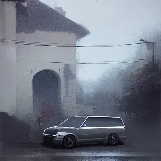 Prompt: a windowless black van parked on the street in front of an expensive modern house in a nice neighborhood, dramatic lighting, illustration by Greg rutkowski, yoji shinkawa, 4k, digital art, concept art, trending on artstation