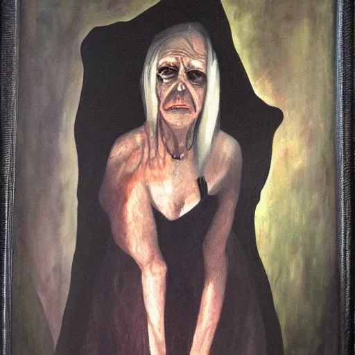 Image similar to creepy old cursed witch watching you sleep, eerie, haunted, oil painting