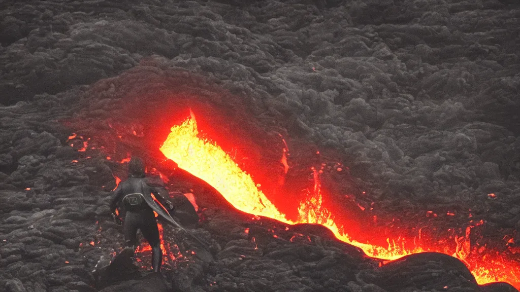 Image similar to person in armor surfing down a river of lava on the side of a volcano on surfboard, action shot, dystopian, thick black smoke and fire, motion blur, sharp focus, cinematic, tilt shift lens