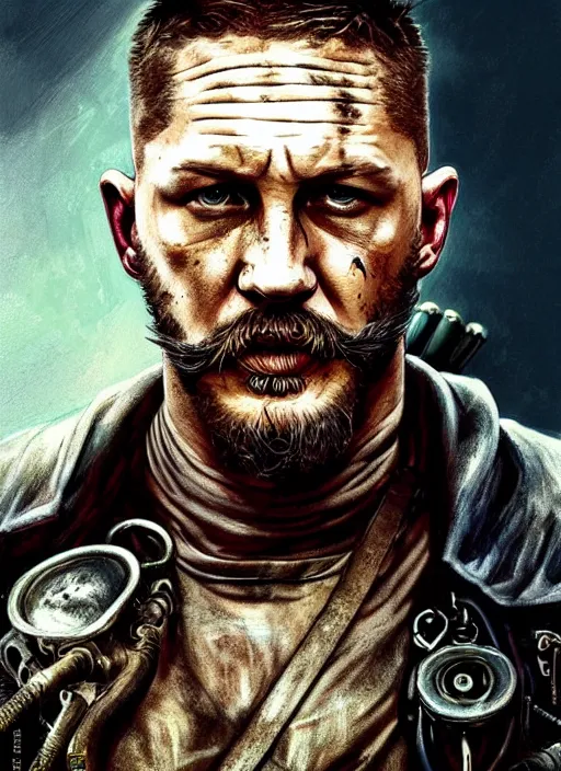 Image similar to portrait of Tom Hardy as a mechanic character in Mad Max: Fury Road, looking at camera, intricate, dystopian, sci-fi, extremely detailed, digital painting, artstation, concept art, smooth, sharp focus, illustration, soft lighting, incredible art by artgerm and greg rutkowski and alphonse mucha and simon stalenhag