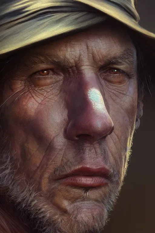 Image similar to ultra detailed close up facial portrait of crocodile dundee, extremely detailed digital painting, in the style of fenghua zhong and ruan jia and jeremy lipking and peter mohrbacher, mystical colors, rim light, beautiful lighting, 8 k, stunning scene, raytracing, octane, trending on artstation