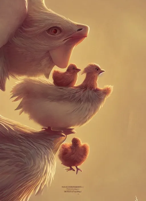 Prompt: a cute hen fostering two chicks in an adventure movie by nuri iyem, james gurney, james jean, greg rutkowski, anato finnstark. pixar. hyper detailed, 5 0 mm, award winning photography