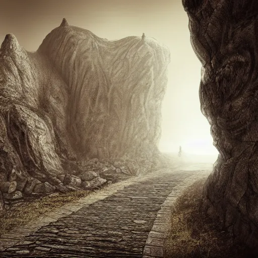 Image similar to a long winding pathway with no terrain on either side, cliffs with no bottom, creepy, gloomy, nightmare, dark rocks, dusty, sepia tones, with a mysterious dark castle at the of the path, digital art, 8 k, concept art, trending on artstation