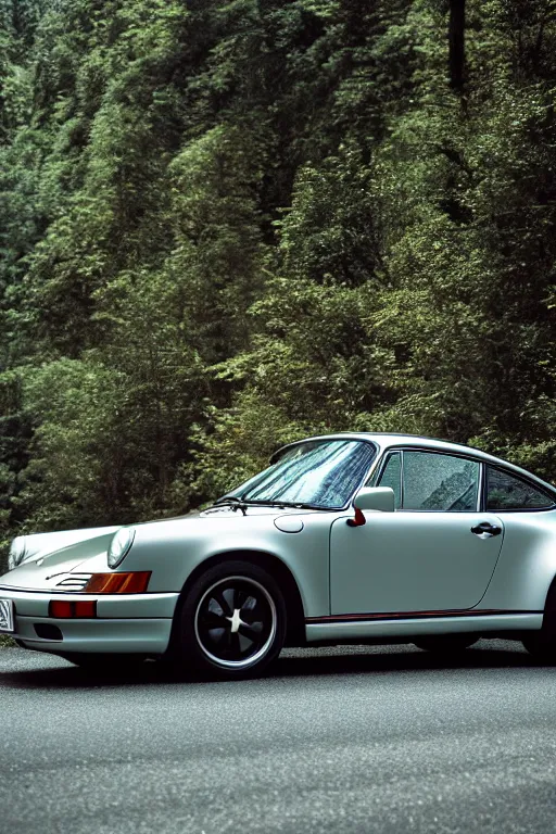 Image similar to Photo of a Porsche 911 Carrera 3.2 on a winding road through mountains and forests. Canon EOS 100, 28-80mm USM MkI, Ektachrome E100