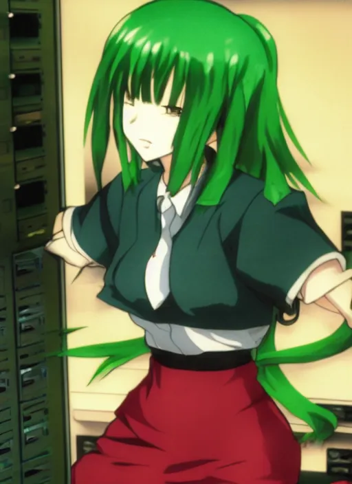 Image similar to shiki eiki, bobbed and bowl cut hair, green hair color, standing in a server room, wearing business casual dress, 4 k, vaporwave, cinecolor, bladerunner style