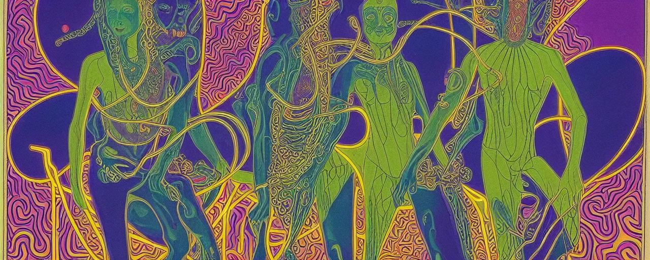 Image similar to 1968 psychedelic, tarot cards, cut out collage, neon Greek, dusk on Jupiter, epic theater, deep jungle texture, aquatic plants, Jugendstil drawings, in part by Alex Grey, part by Moebius, composition William S Boroughs, written by H. P. Lovecraft