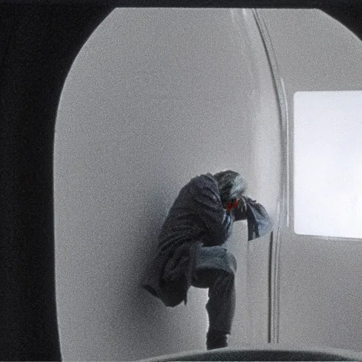 Image similar to a homeless man in Space Odyssey 2001, film still