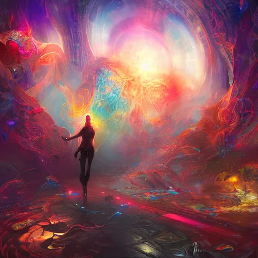 Image similar to dmt trip through the metaverse by raymond swanland, highly detailed, bright tones