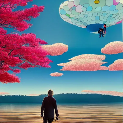 Image similar to a man walking on clouds away from the camera above a lake by takashi murakami, beeple and james jean, aya takano color style, 4 k, super detailed, modern, 4 k, symmetrical