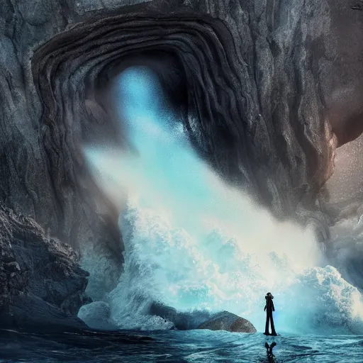 Image similar to photograph with stylish lens effect, stylistic lighting, 1 9 8 0's sci - fi epic artistic style, weta digital, octane render, a woman in a black dress and hat standing in the cliffside entrance to a cave alongside crashing dramatic ocean waves with sea foam and sea spray, an ancient greek trireme