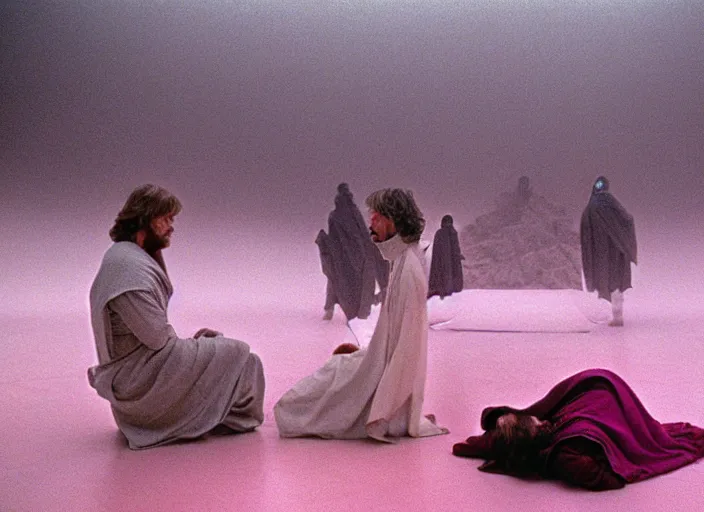 Image similar to Luke skywalker kneels before a strange jedi oracle, a mystic with infinite knowledge of time. in a foggy pink land. still from the 1983 film directed byalejandro jodorowsky. holy mountain, Photographed with Leica Summilux-M 24 mm lens, ISO 100, f/8, Portra 400