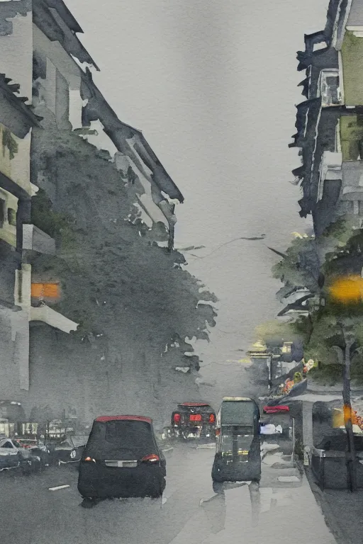 Image similar to a watercolor depicting a singapore katong, gloomy weather, high contrast, smooth, by joseph zbikowicz, 8 k