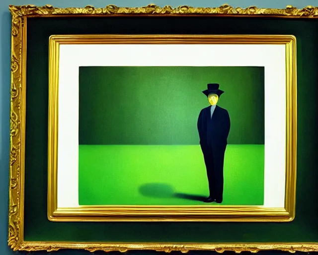 Image similar to green painting by Magritte. Pressed with gold leaf. shiny golden accents